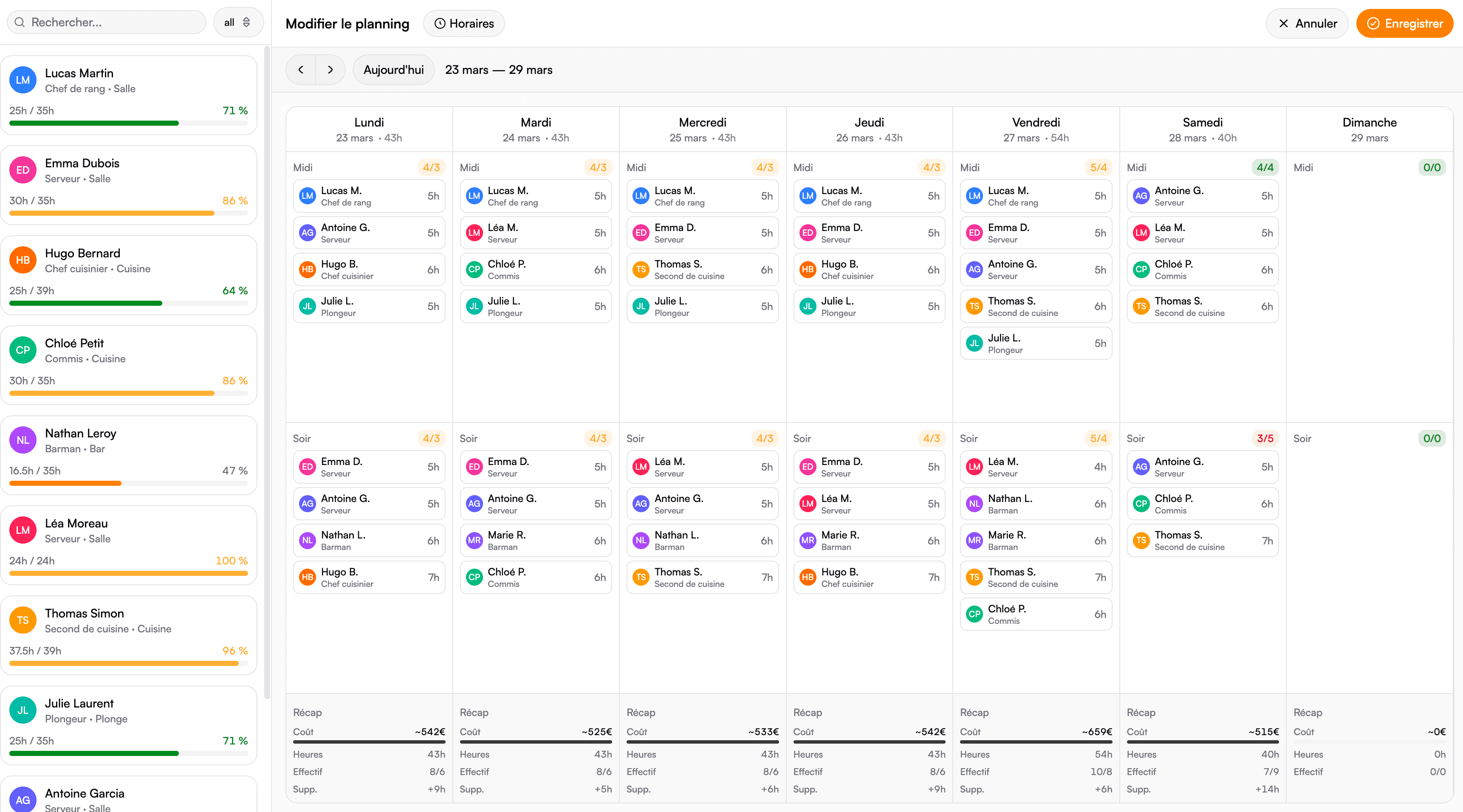 Planning équipe avec calcul automatique des coûts